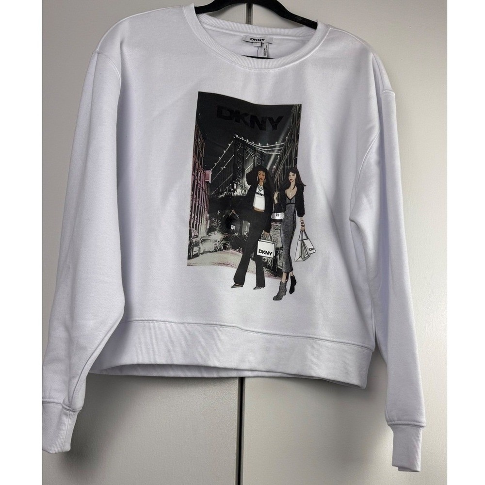 DKNY‎ White Graphic Sweatshirt Women's Size M Crewneck Long Sleeve Pullover